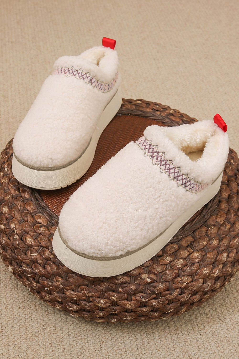 White Fleece Contrast Trim Plush Thick Sole Slippers