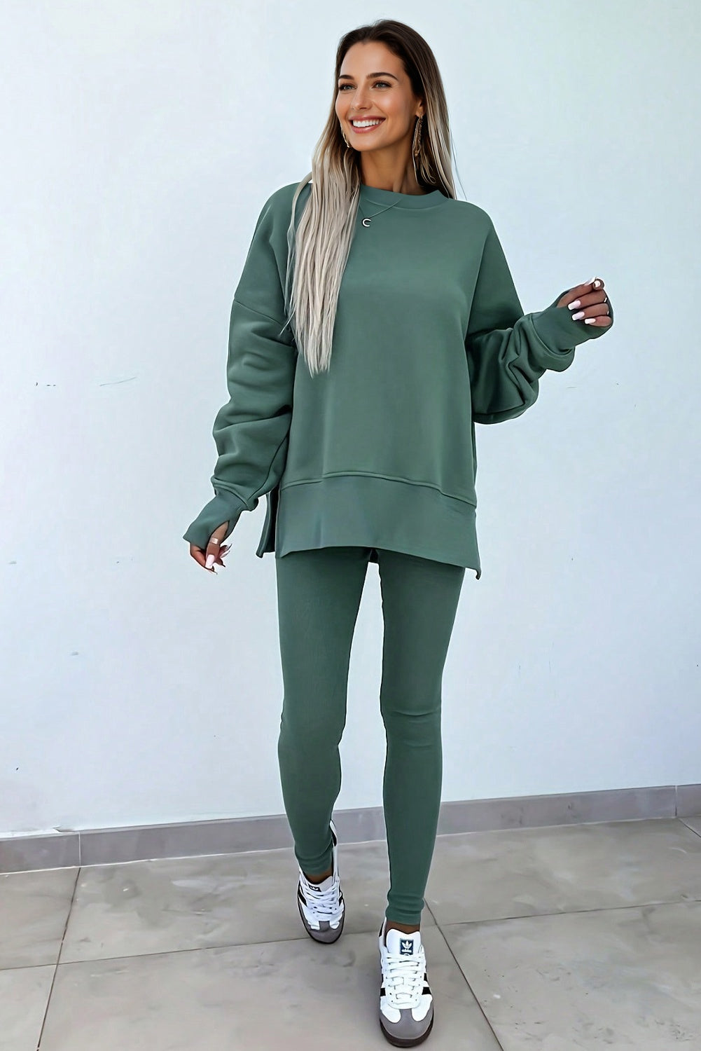 Orchid Mist Solid Color Oversized Slit Sweatshirt Ribbed Leggings Set