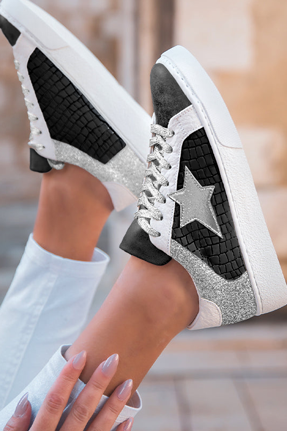 Gold Glitter Star Patchwork PU Leather Lace-up Sneakers