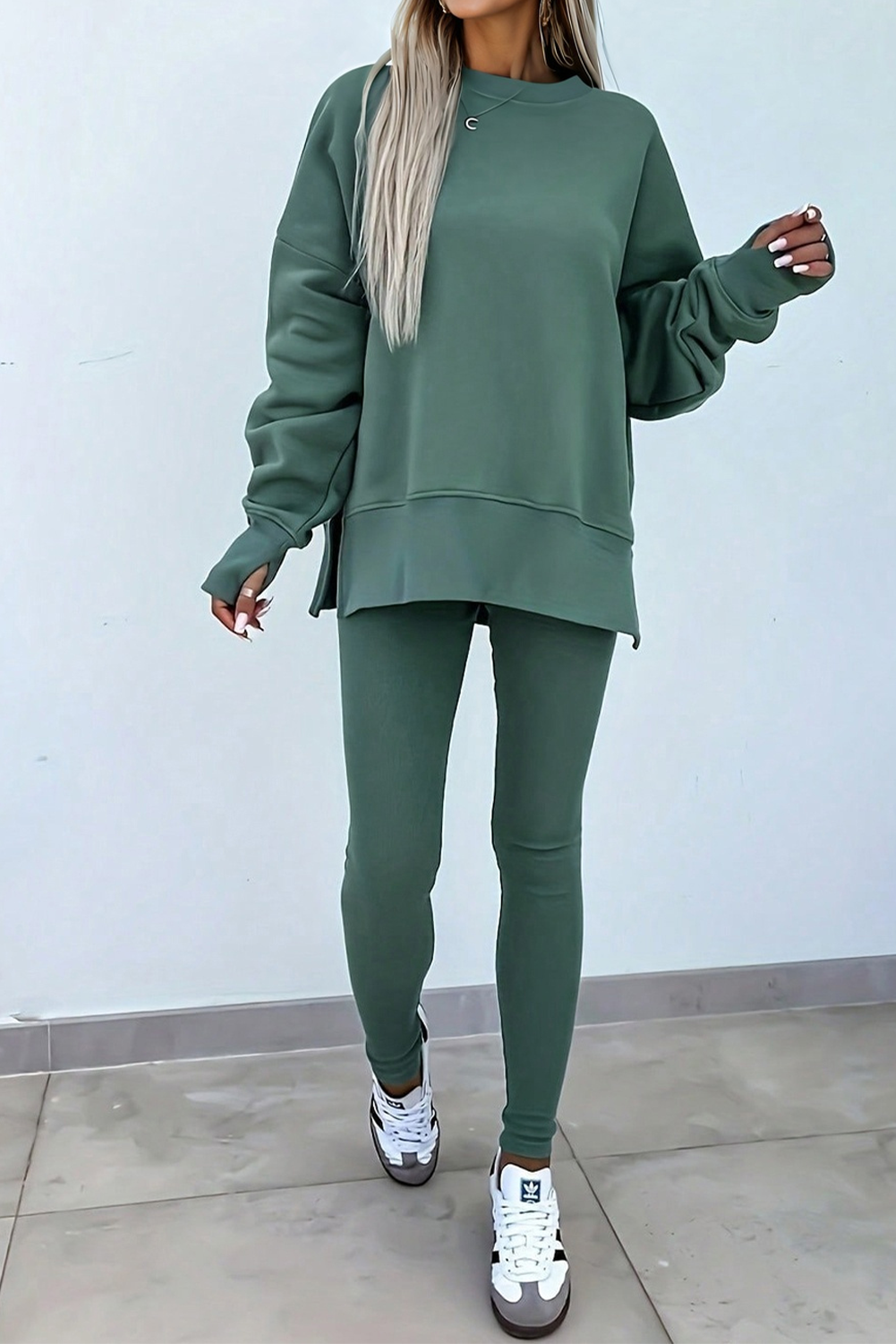 Orchid Mist Solid Color Oversized Slit Sweatshirt Ribbed Leggings Set