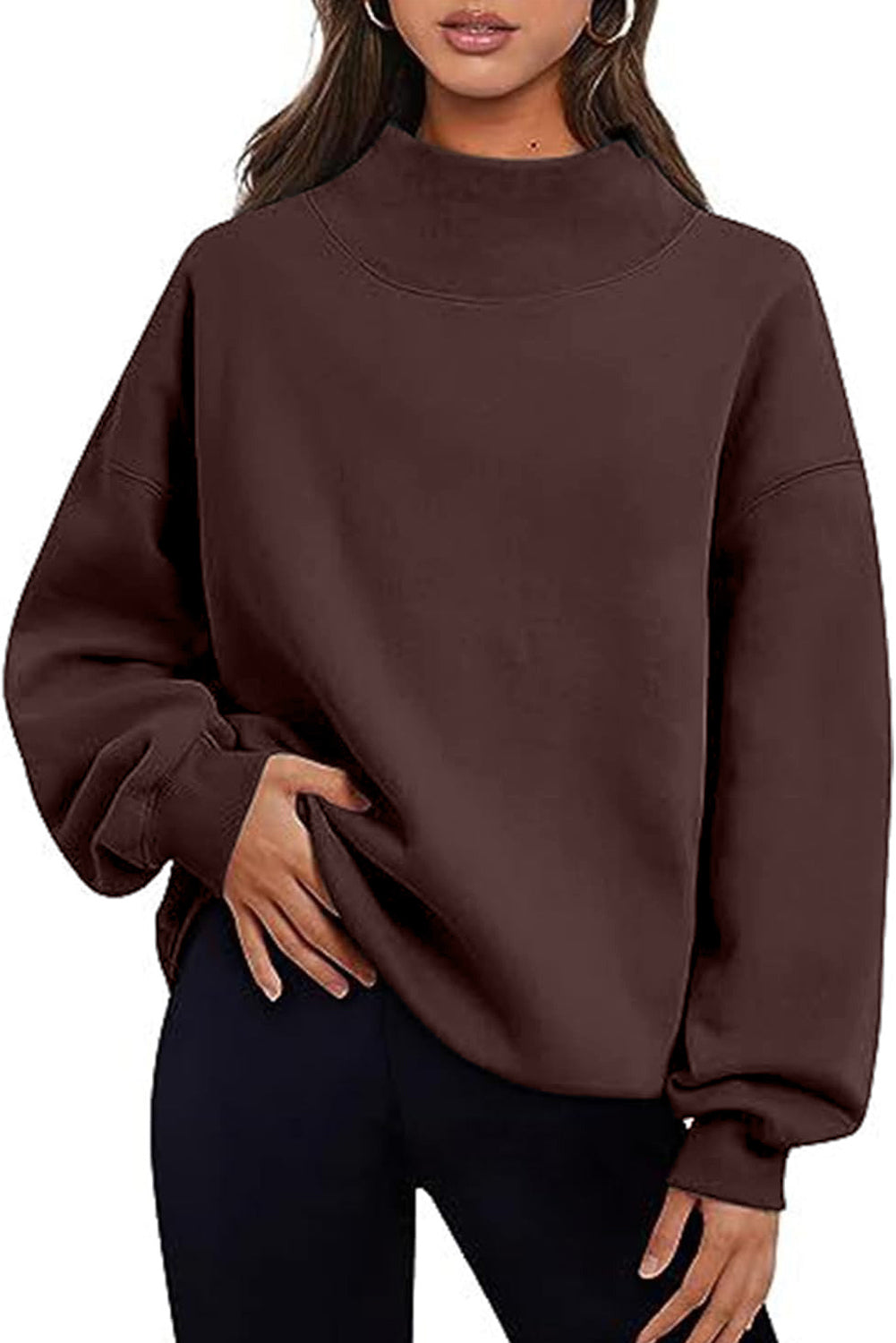 Bonbon Solid Color High Neck Long Sleeve Loose Sweatshirt