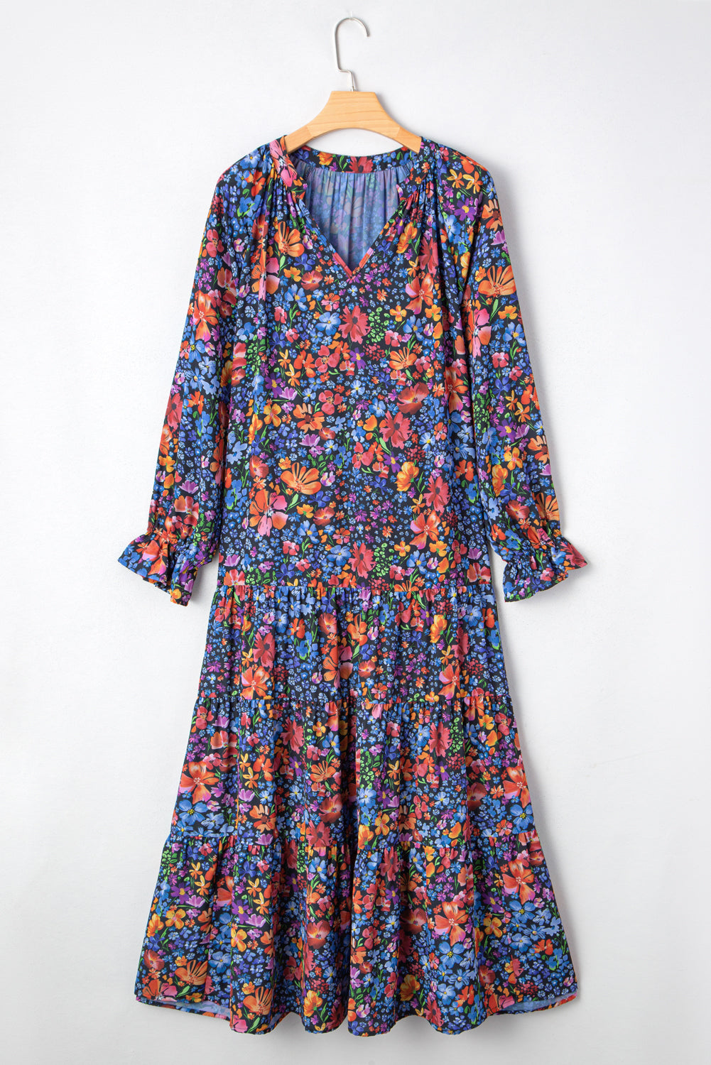 Blue Floral Print V Neck Long Sleeve Flowy Maxi Dress