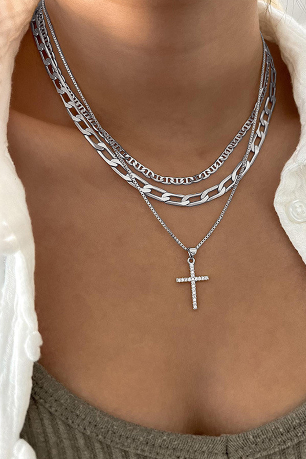 Gold Plated Cross Pendant Multi Layer Stacked Chain Necklace