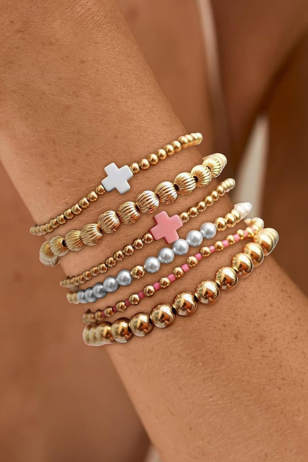 Gold Pearl Cross Beaded Stretch Bracelet Set