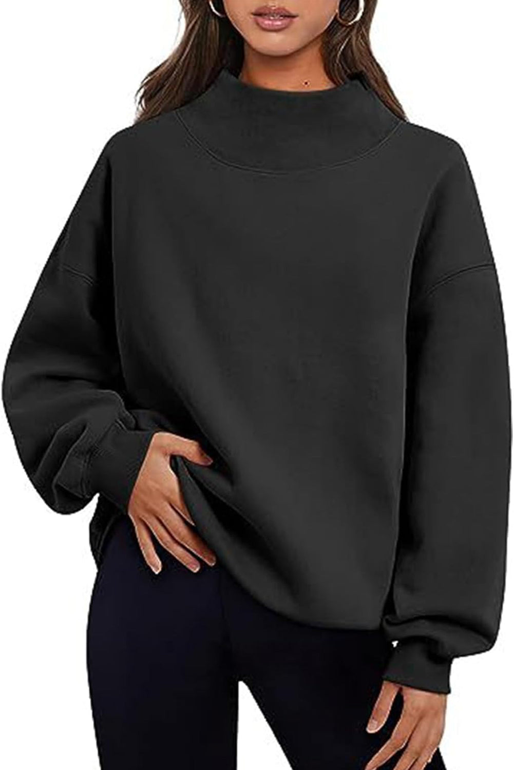 Bonbon Solid Color High Neck Long Sleeve Loose Sweatshirt