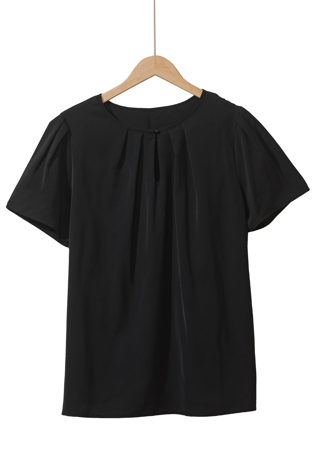 Black Keyhole Crew Neck Pleated Plus Size Top