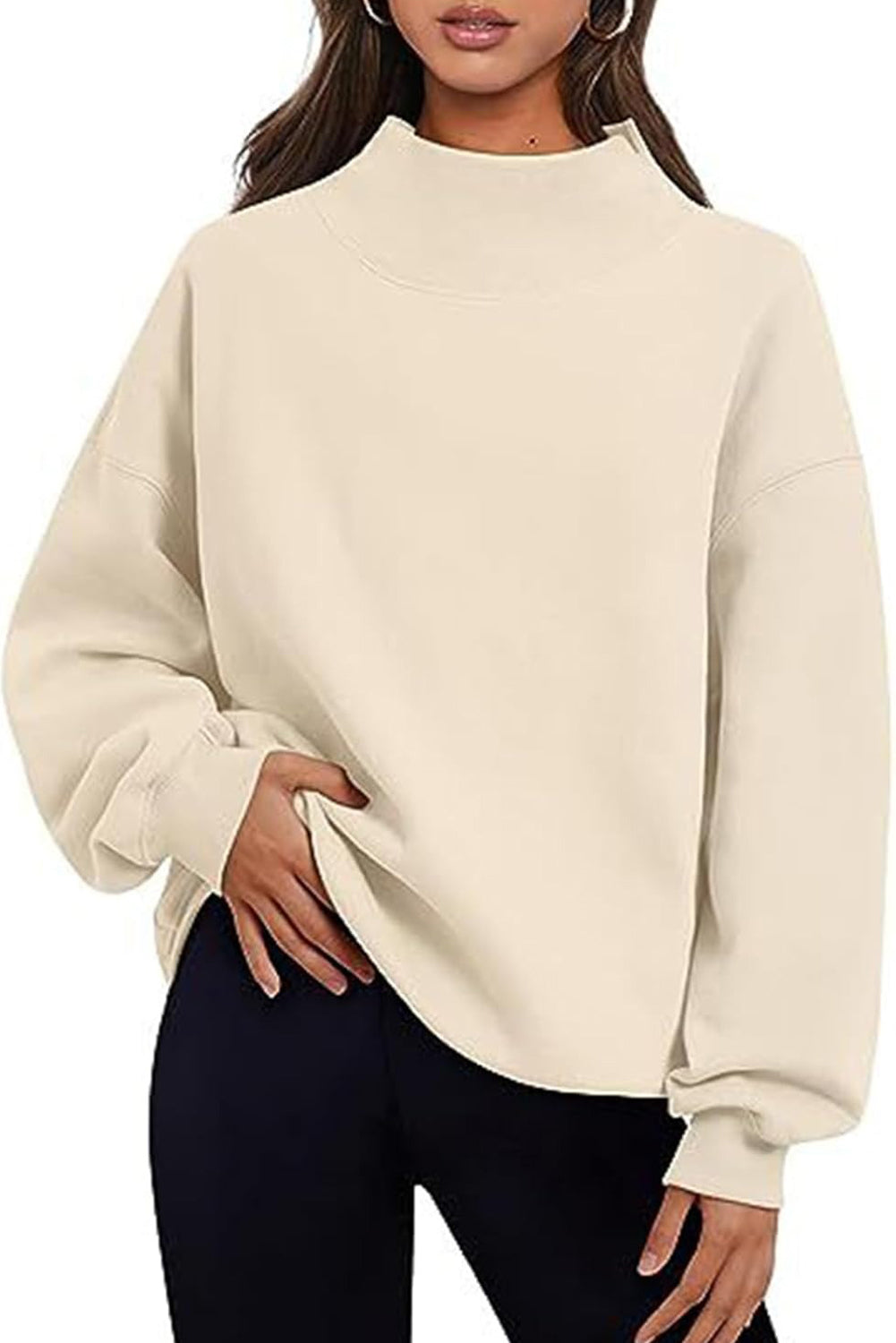 Bonbon Solid Color High Neck Long Sleeve Loose Sweatshirt