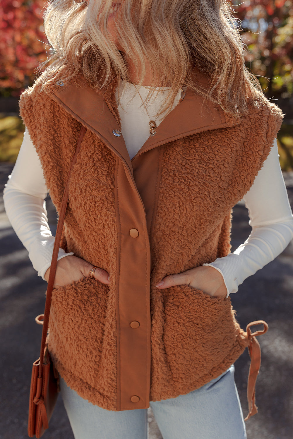 Cinnamon Faux Fur Snap Button Front Knot Side Plush Vest