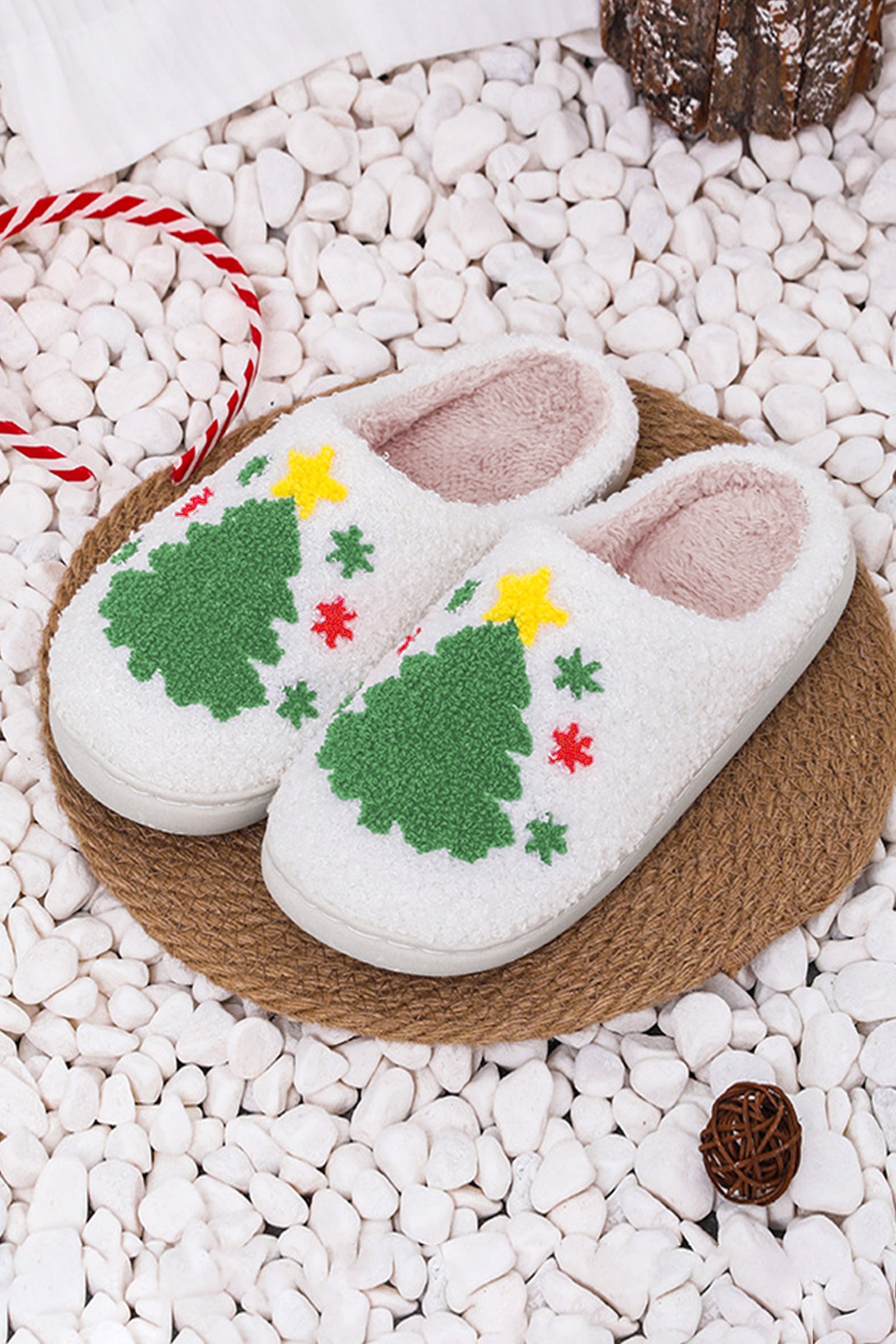 White Fuzzy Christmas Tree Pattern Home Slippers