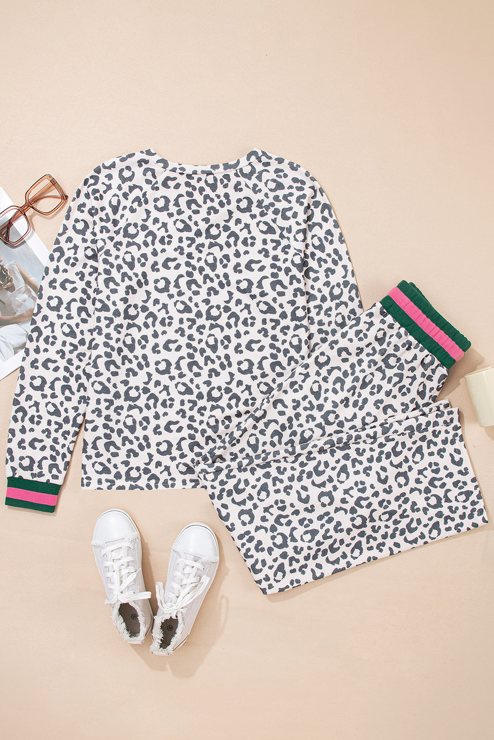 Gray Leopard Contrast Trim Long Sleeve Pullover and Pants Set