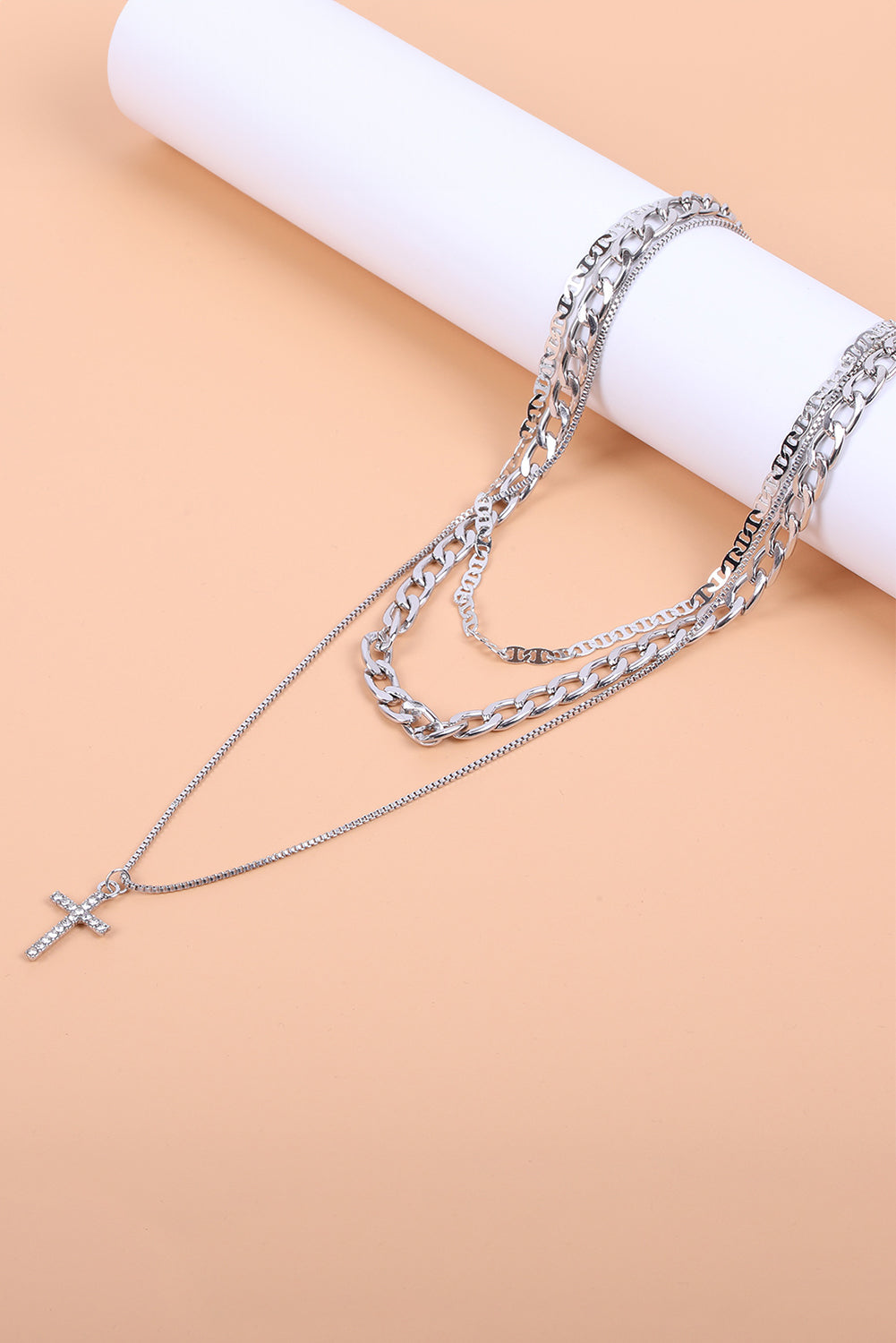 Gold Plated Cross Pendant Multi Layer Stacked Chain Necklace