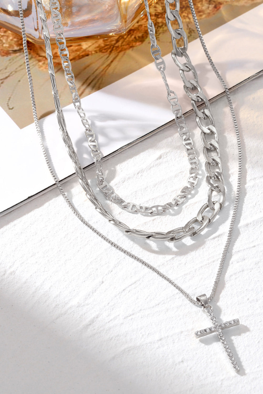 Gold Plated Cross Pendant Multi Layer Stacked Chain Necklace