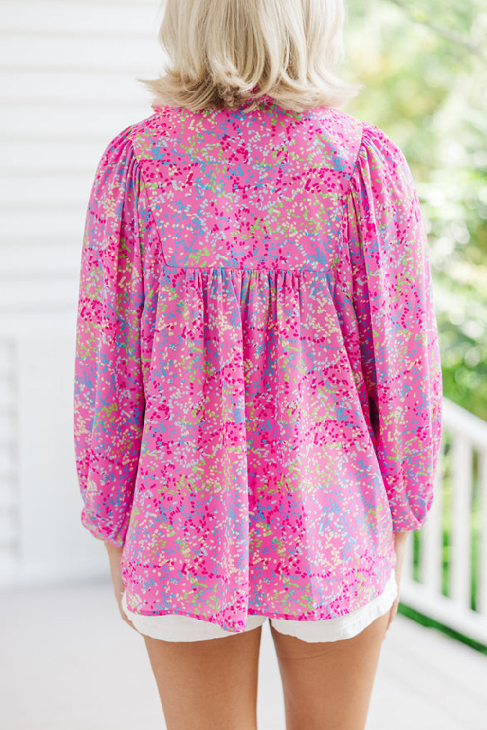Purple Plus Size Abstract Print Puff Sleeve V Neck Blouse
