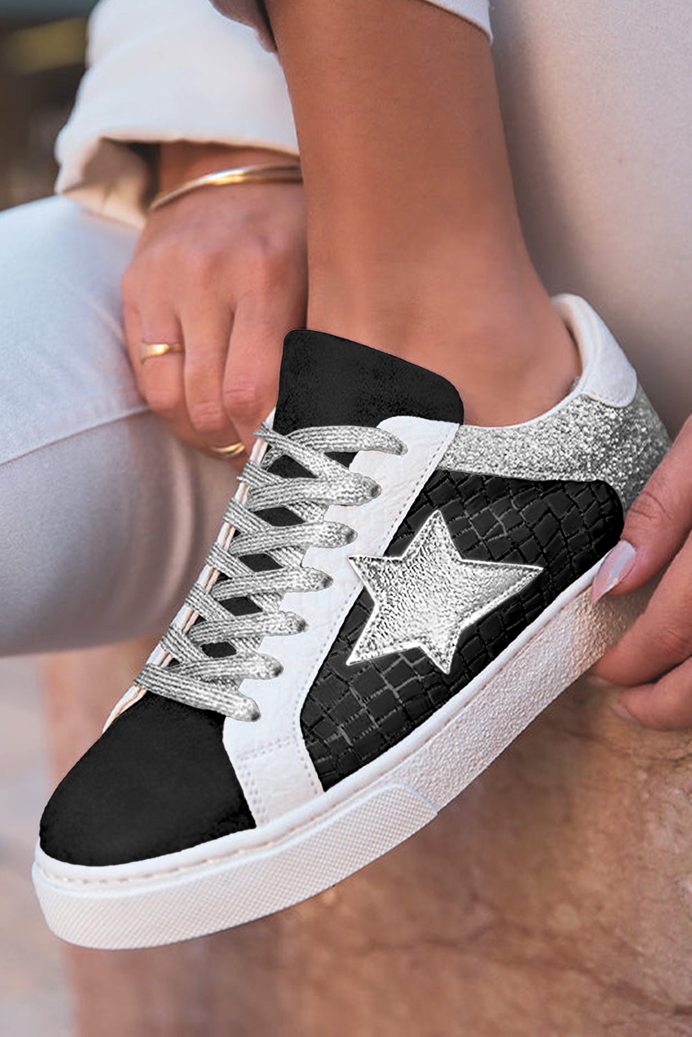 Gold Glitter Star Patchwork PU Leather Lace-up Sneakers