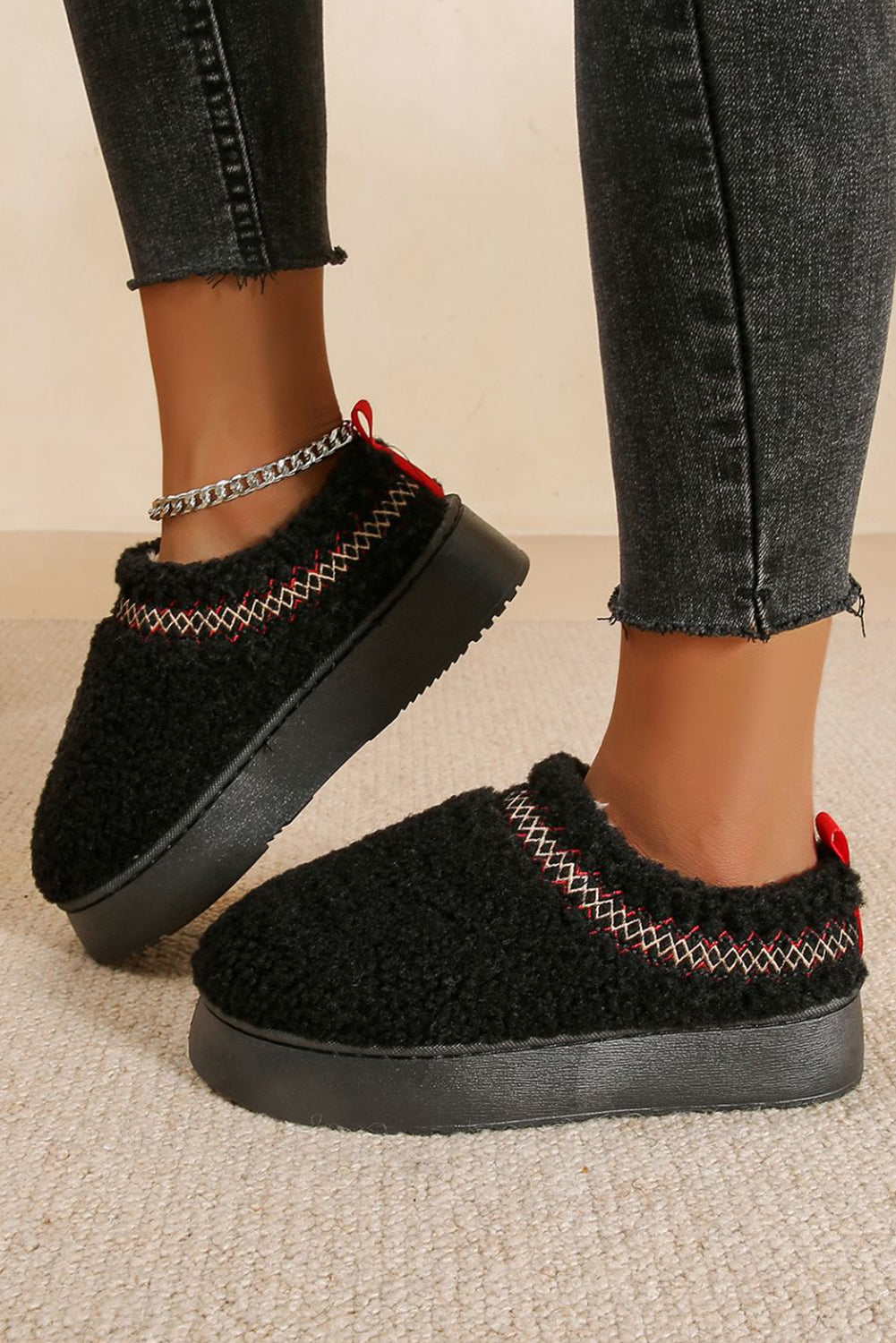 White Fleece Contrast Trim Plush Thick Sole Slippers