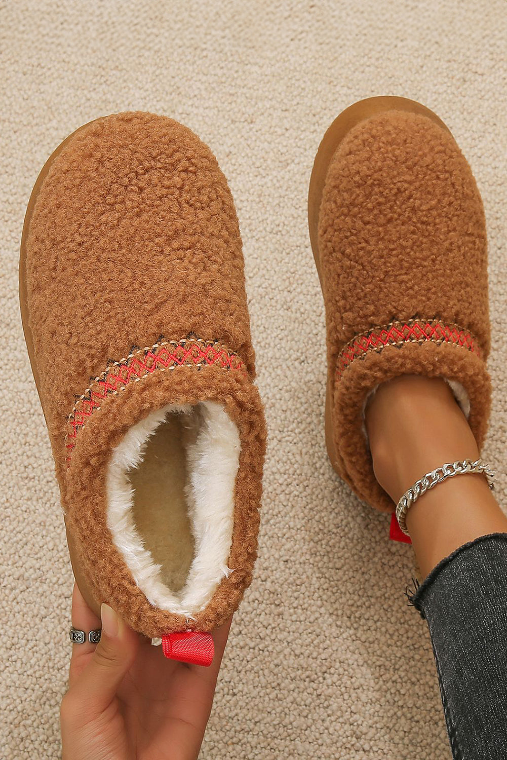 White Fleece Contrast Trim Plush Thick Sole Slippers