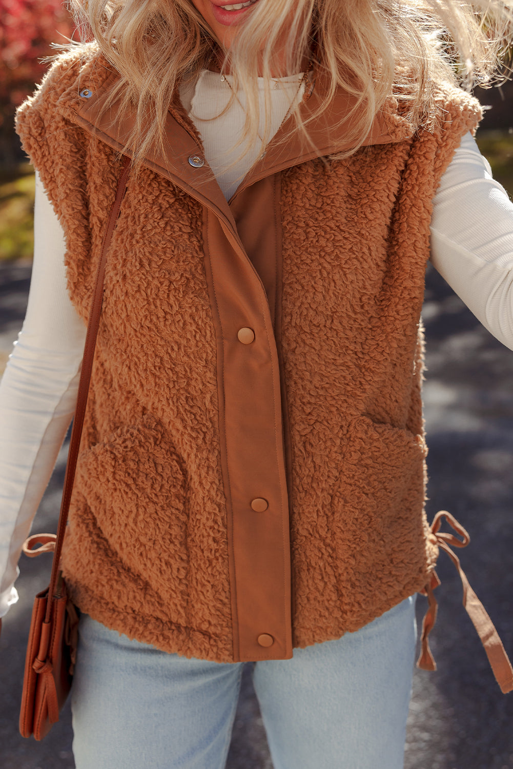 Cinnamon Faux Fur Snap Button Front Knot Side Plush Vest