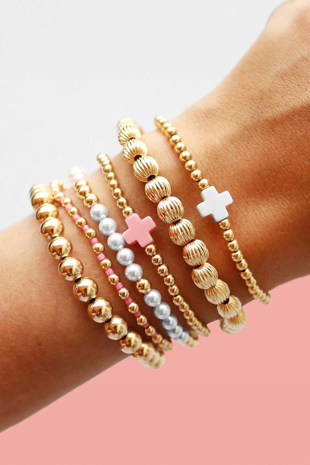 Gold Pearl Cross Beaded Stretch Bracelet Set